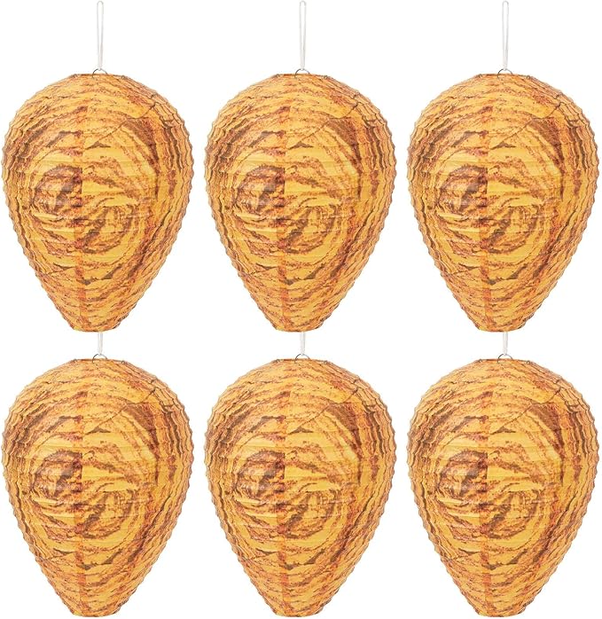 DECYOOL 6 Pack Paper Wasp Nest Decoy Hanging Wasp Nest Stay Away from Wasps Hornets Yellow Jackets(Orange)