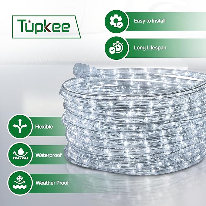 Tupkee LED Rope Light Cool-White - 24 Feet (7.3 m), for Indoor and Outdoor use - 10MM Diameter - 144 LED Long Life Bulbs Decorative Rope Tube Lights - Pack of 2