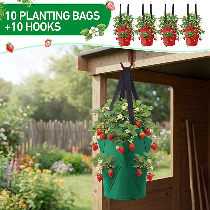 SATINIOR 10 Pack Upside Down Strawberry Planter Set Hanging Vegetables Grow Bags with 10 S Hooks, 3 Gallon Fabric Planting Bags for Easy Vertical Gardening(Deep Green)