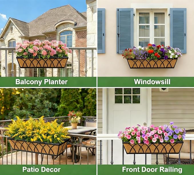 Y&M Hanging Railing Planter Boxes 2 Pack, 24 Inch Adjustable Balcony & Deck Planter, Heavy Duty Metal Flower Box for Porch, Fence & Window, Outdoor Plant Holder
