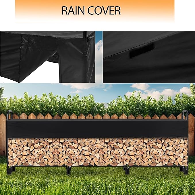 PeakPursuit 12FT Firewood Rack Outdoor with Waterproof Cove, Heavy Duty Logs Holder for Indoor Fireplace Metal Wood Pile Storage Stacker Organizer, Black