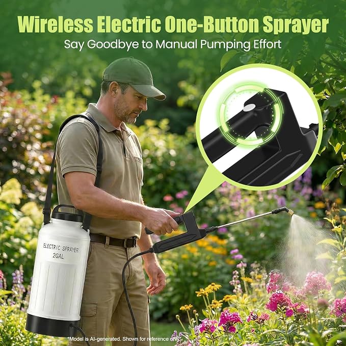 Battery Powered Sprayer 2 Gallon, Wide Mouth Electric Pump Sprayer with Upgraded Elevated Base and Thickened Anti-Abrasion Tank, Kink Proof Hose, Retractable Wand, 3 Nozzles Lawn and Garden