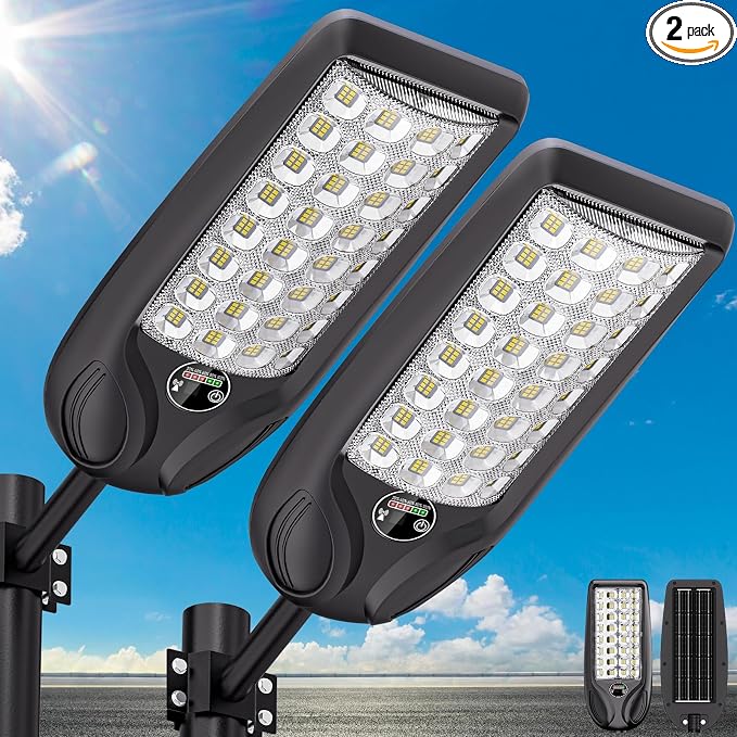 MMKT Solar Lights Outdoor Waterproof, 12000W 3 Colors Solar Street Light Heavy Duty, Solar Patio Lamp, Dusk to Dawn Security Flood Lights with Motion Sensor for Pathway,Garden,Garage 2Pack