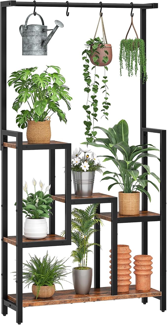 CHOEZON Plant Stand Indoor, 63" Tall Wooden Plant Shelf with Hanging Hooks and Staggered Tiers, Freestanding Flower Rack for Living Room, Balcony, Corner, Rustic Brown and Black TCJ41BF
