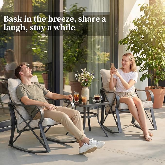 COSIEST 3 Piece Bistro Set Patio Rocking Chairs Outdoor Furniture w Beige Cushions, Glass-Top Table for Garden, Pool, Backyard