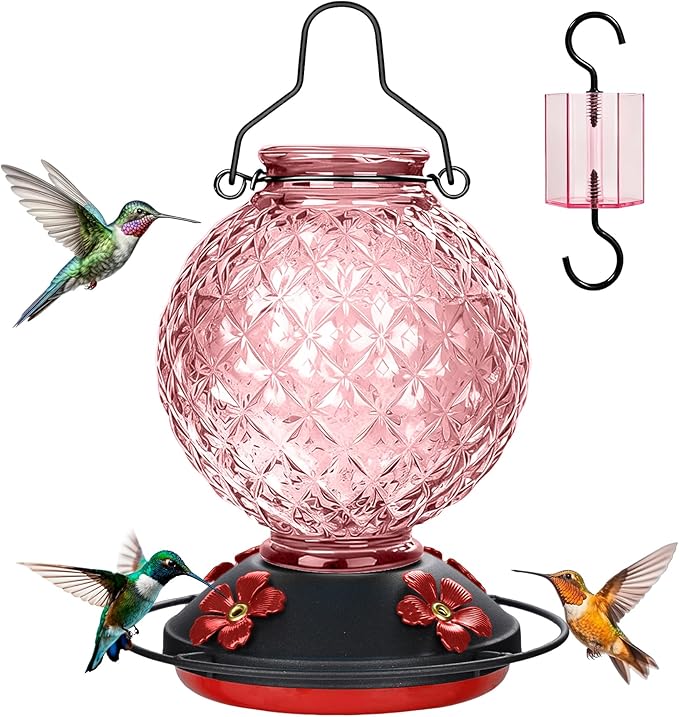25 OZ Glass Hummingbird Feeder for Outdoors, Leak Proof Hummingbird Feeder with Ant Moat, 4 Bee Resistant Feeding Ports, Easy Clean Wide Mouth Design, 360° Perch, Hanging Nectar Feeder, Pink