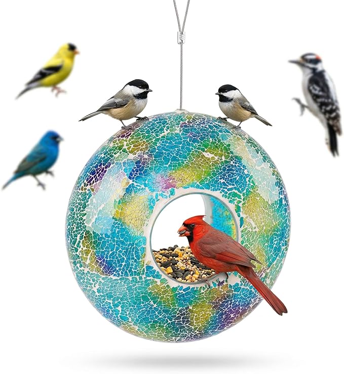 DUSVALLY 9" H Round Fly Through Bird Feeder Squirrel Proof for Garden Wild Seed, Crackled Glass Mosaic Outdoor Hanging Feeder for Bird Lovers, Blue & Yellow