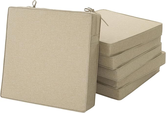Outdoor Chair Cushions, Water-Resistant & Fade-Resistant, Patio Furniture Seat Replacement Chair Pads with Ties Zipper, Removable Cover, Non-Slip Bottom, Set of 6, 17 x 16 Inch, Natural
