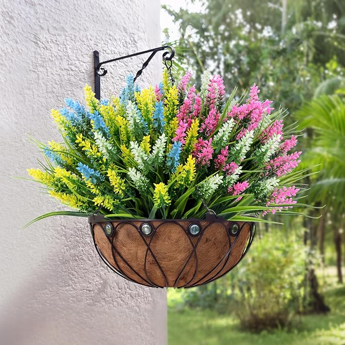 24 Bundles Artificial Lavender Flowers for Outdoor, UV Resistant Faux Plants with 4 Mixed Colors (Light Blue, White, Pink, Yellow), Realistic Fake Outdoor Flowers for Garden Porch Window Box Decor