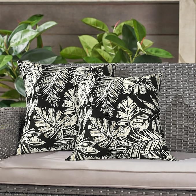 LVTXIII 2 Pack Outdoor Throw Pillow Covers for Patio Furniture, 16x16 Inch Square Pillow Case, Water-Repellent Cushion Covers for Garden, Porch, Sofa, Tropical Leaf Black