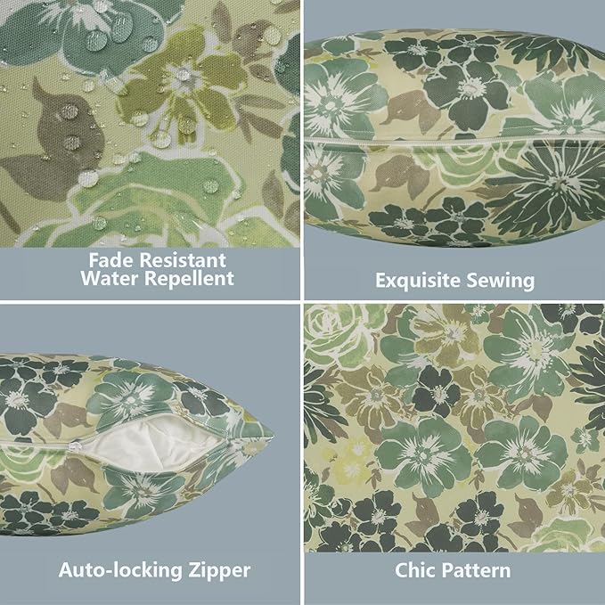 LVTXIII Outdoor Pillow Covers 20x20 Inch, 2 Pack Large Square Throw Pillow Cases, Fade-Resistant Cushion Covers for Patio Furniture Sofa, Garden Porch, Green Rose