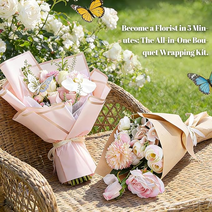 Ecoofor Flower Wrapping Paper Set, 80 Sheets Waterproof Translucent Gold Edge Floral Paper & Kraft Paper, 23 x 23 in & 23.6 x 23.6 in, with 3D Butterflies & 3 Colors Ribbons for Bouquets, Gifts & DIY Crafts