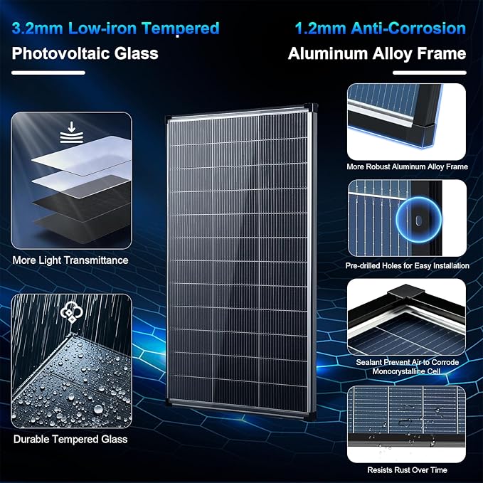Solar Panels, 200w bifacial n Type 18bb A+ Grade Solar Module IP68 Waterproof 25% high Efficiency Solar Cell 200 watt Solar Panel 12v for Off Grid RV Boat Rooftop Camper (200W Bifacial)