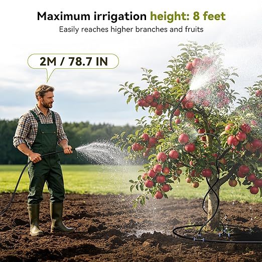High-Flow Tree Irrigation System, 15FT 12mm Hose & 2Pcs 6.5FT Adjustable Nozzles, for Tree Roots & Canopies Irrigation, Leaf & Fruit Cleaning, Ideal for Fruit Trees & Ornamental Trees
