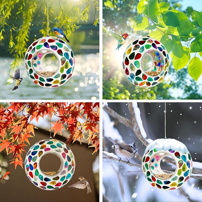 Hanging Bird Feeders for Outdoor Glass Mosaic Fly Through Wild Bird Feeder Round Shape Birdfeeder for Outside Garden Yard Patio Decoration White