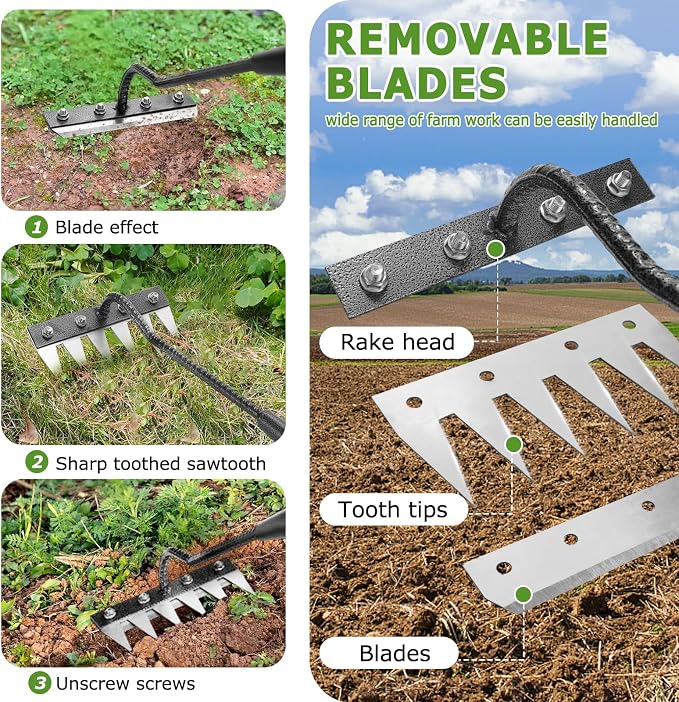 Gardenia Iron Weeding Rake, 2.0 Iron Weeding Rake with Long Handle, 6 Teeth Heavy Duty Weed Puller Tools for Gardening, Weedings ,Lawn