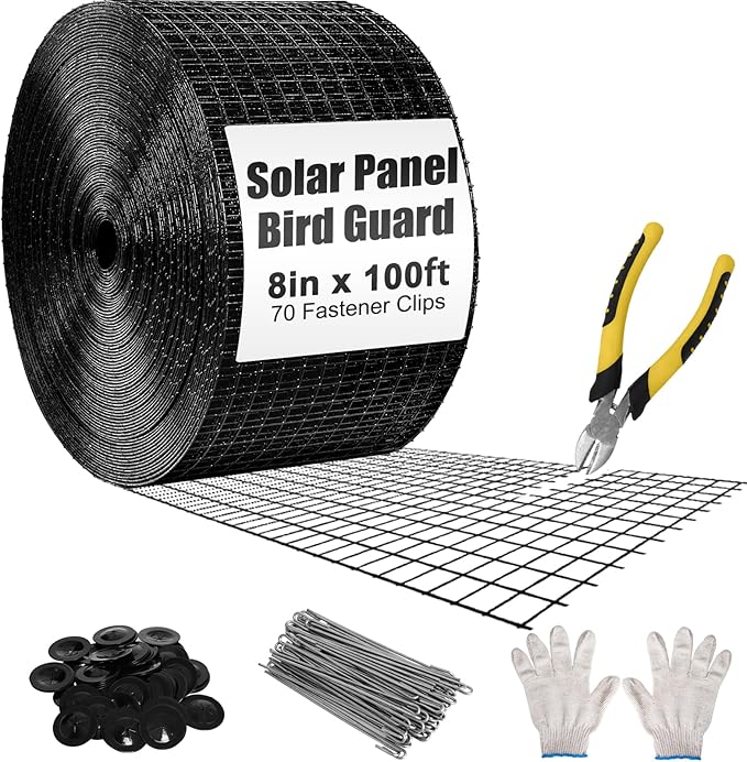 8in X 100ft Solar Panel Bird Guard - 1/2" Black PVC Mesh Galvanized Rust-Resistant Net, Critter Guard for Solar Panels with 70 Fastener Clips, Gloves, Cutting Pliers