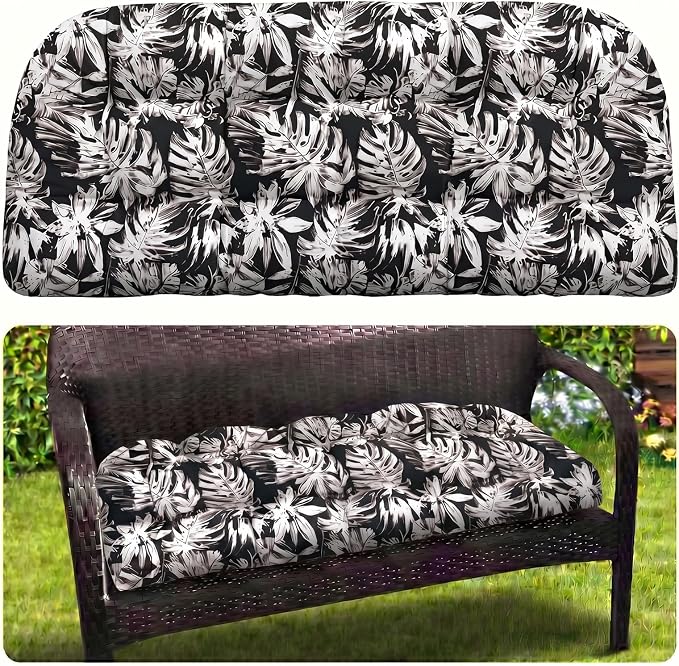 MAGIC ELEPHANT Outdoor Bench Cushion, Memory Foam Loveseat Cushion for Patio Furniture Wicker Chair, Settee Porch Swing Seat Cushion, 44 x 19 Inches (Black Monstera)
