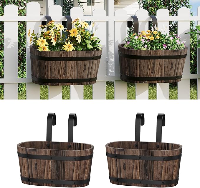 2pcs Wood Railing Planter Boxes Wooden Hanging Flower Pots for Railing Fence Outdoor Plants Wall Planters Window Flower Box Hanging Bucket Pots Countryside plant Holder (Carbonized,2pcs,Small)