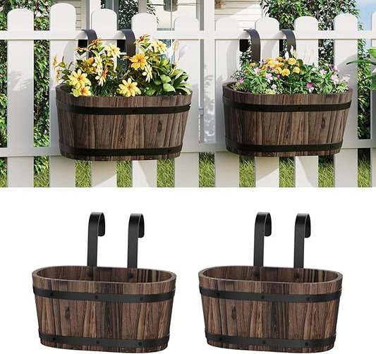 2PACK Wood Cute Railing Planter Box Wooden Hanging Flower Pots for Railing Fence Outdoor Plants Wall Planters Window Flower Box Hanging Bucket Pots Countryside plant Holder (Carbonized,2pcs,Small)