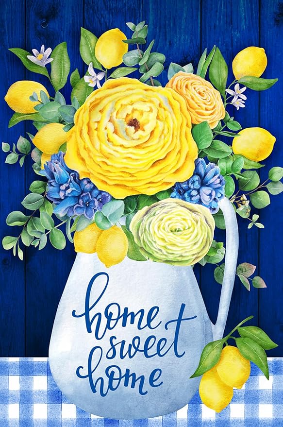 Texupday Home Sweet Home Blue and Yellow Flower Lemon Decoration Spring Summer Floral House Flag Buffalo Check Plaid Seasonal Holiday Outdoor Yard Banner 28" x 40"