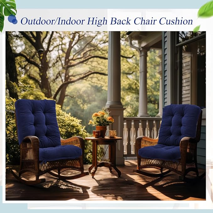 Juexica 4 Set Outdoor Patio Chair Cushions Corduroy Seat High Back Tufted Pillow Replacement Rocking Patio Chair Pads for Outdoor Indoor Home Office(Navy Blue)