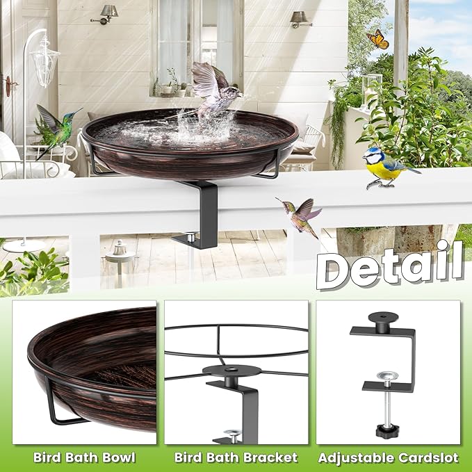 Deck Mounted Metal Bird Bath for Outside, Detachable Birdbath Bowl with Adjustable Steel Clamp, Outdoor Bird Feeder for Railing Balcony Fence Yard Art Garden Decor (Vintage Bronze)