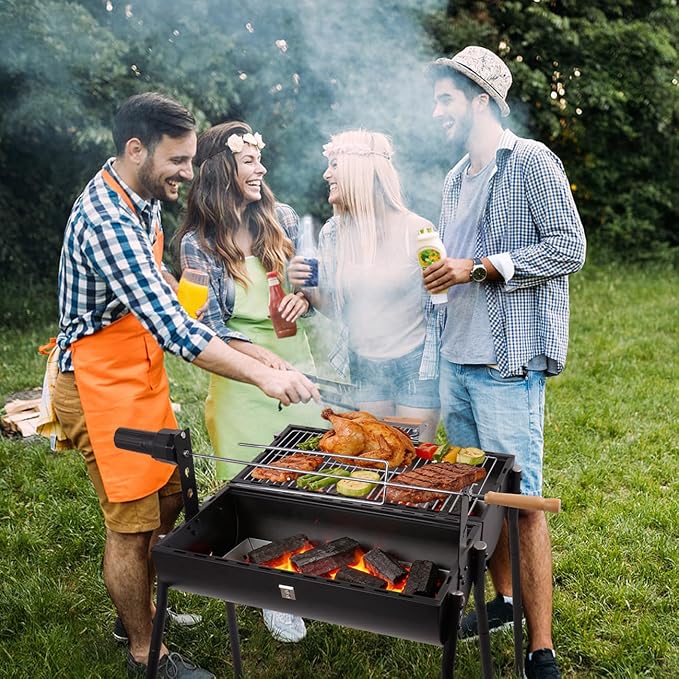 Portable Charcoal Grill with Thermometer - Barrel Charcoal Grills with Central Rotisserie Rack Double-sided Smoker Grill Outdoor BBQ Grill, Perfect for Backyard Camping, Patio Parties and Picnics