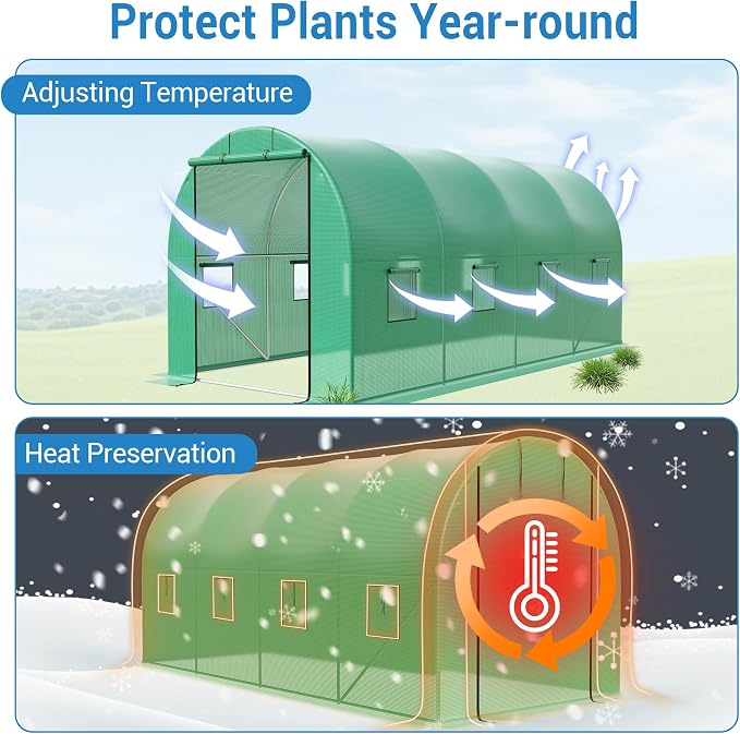 15×7×7Ft Walk-in Tunnel Greenhouse, Galvanized Steel Frame, PE Cover, Zipper Door, 8 Vents, Outdoor Year-Round Plant Shelter