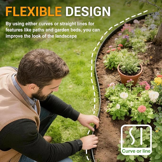 Hugeleaf Landscape Edging 2 Inch Tall 60 Feet Garden Edging Border with 60pcs Stakes, Plastic Edging for Landscaping,Lawn,Flower Beds, Paver Edging (Black)