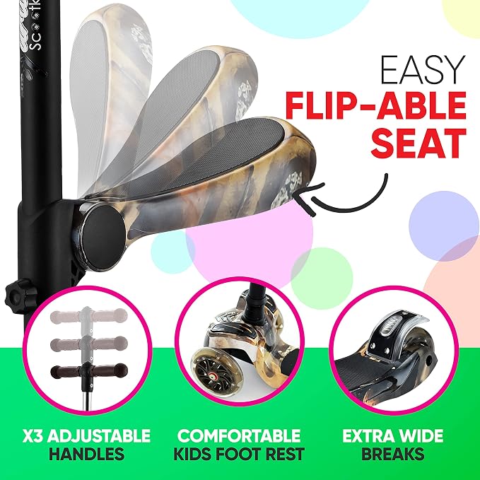 Hurtle 3-Wheeled Scooter for Kids - Wheel LED Lights, Adjustable Lean-to-Steer Handlebar, and Foldable Seat - Sit or Stand Ride with Brake for Boys and Girls Ages 1-14 Years Old