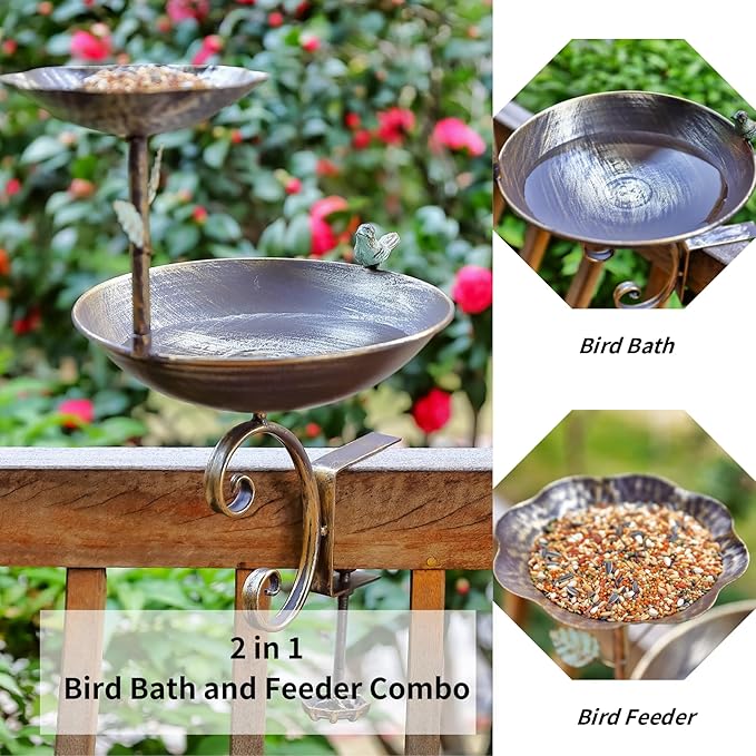 2 in 1 Bird Feeders for Outdoors and Bird Baths, Bird Bath for Deck Railing and Outdoor Bird Feeder, Balcony Bird Feeder and Deck Mounted Bird Bath with Heavy Duty Clamp for Garden Porch Backyard
