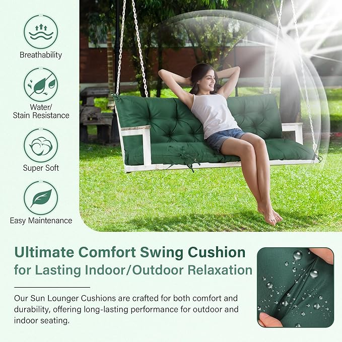 Waterproof Porch Swing Cushions 60 Inch,2 3-Seater Replacement for Outdoor Furniture with Backrest and Straps, Thick 4" Swing Seat Bench Cushion for Loveseat Glider Bench Patio Lawn Backyard