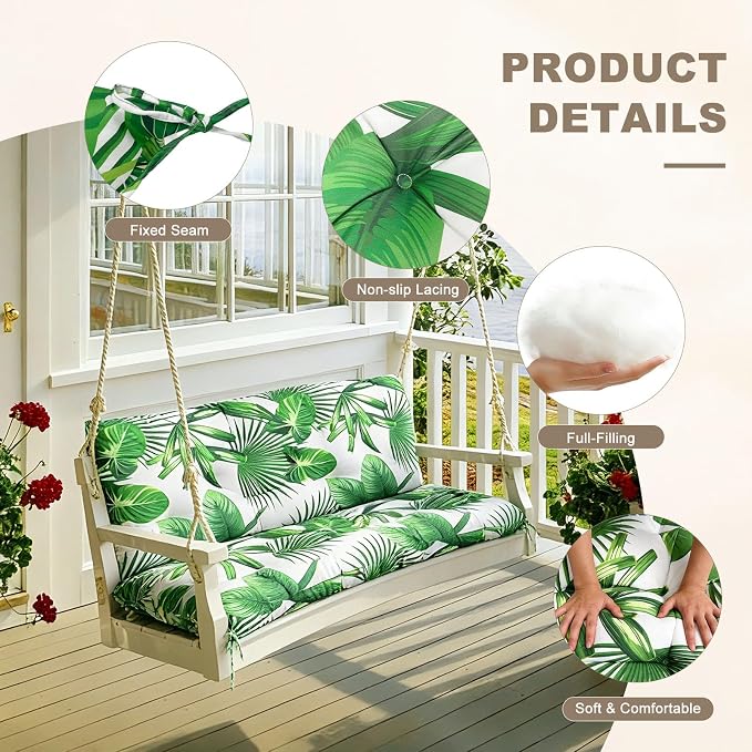 Porch Swing Cushion with Backrest,Waterproof Bench Cushion for Outdoor Furniture,2-3 Seater Replacement Thickened Swing Cushion with Ties,Patio,Outdoor,Backyard and Garden (Fresh Leafy,60x40")