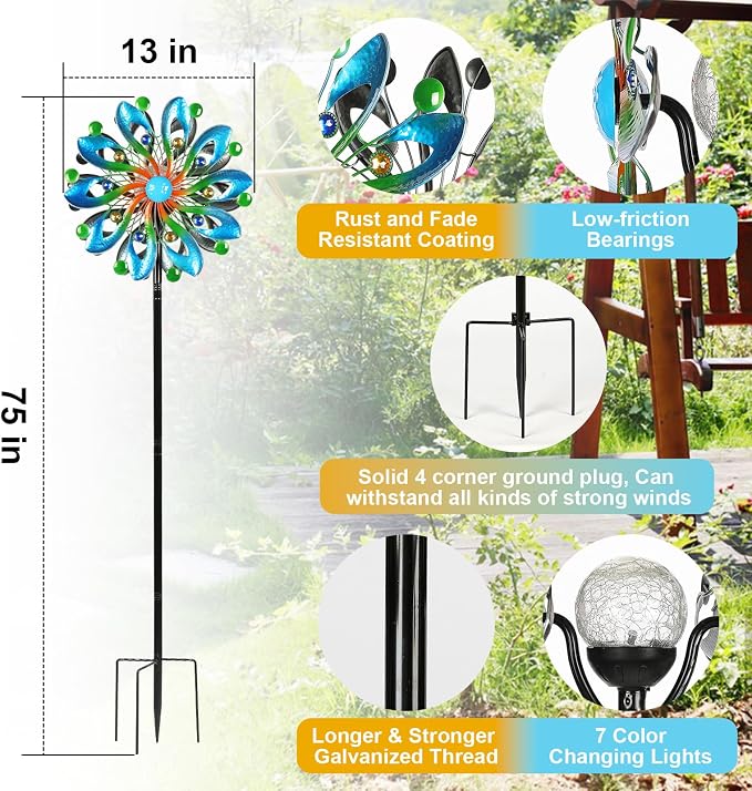 MLKNK Wind Spinners for Yard and Garden - Wind Sculptures & Spinners | Wind Spinners Outdoor 75 Inch, Navy Blue, Kinetic Art with Solar Powered Multi-Color Glass Ball Light