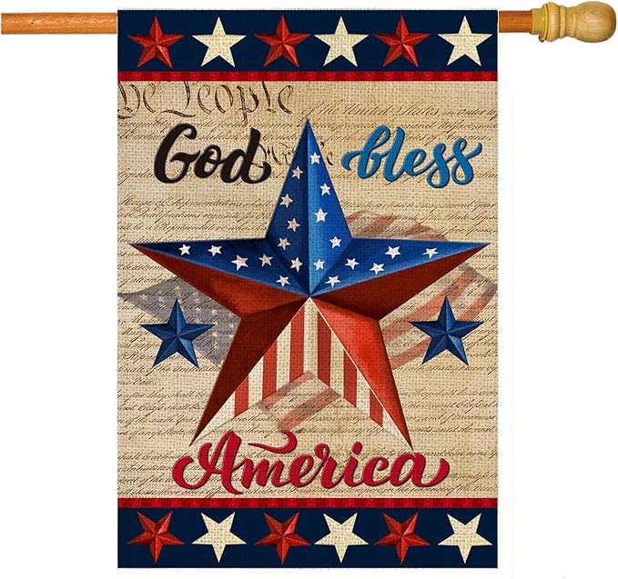 Patriotic God Bless America 4th of July House Flag 28 x 40 Inch Vertical Double Sided Blue Red Star Independence Day Memorial Day Yard Outside Décor