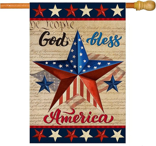 Patriotic God Bless America 4th of July House Flag 28 x 40 Inch Vertical Double Sided Blue Red Star Independence Day Memorial Day Yard Outside Décor