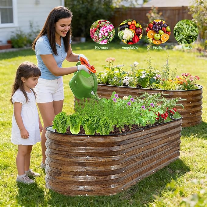 ZORMY Galvanized Raised Garden Bed Outdoor- 2PCS 6x2x1.4ft Oval Steel Raised Beds for Gardening, Metal Planter Box with Protective Strip and Gloves for Vegetables, Flowers, Fruits(Brown)