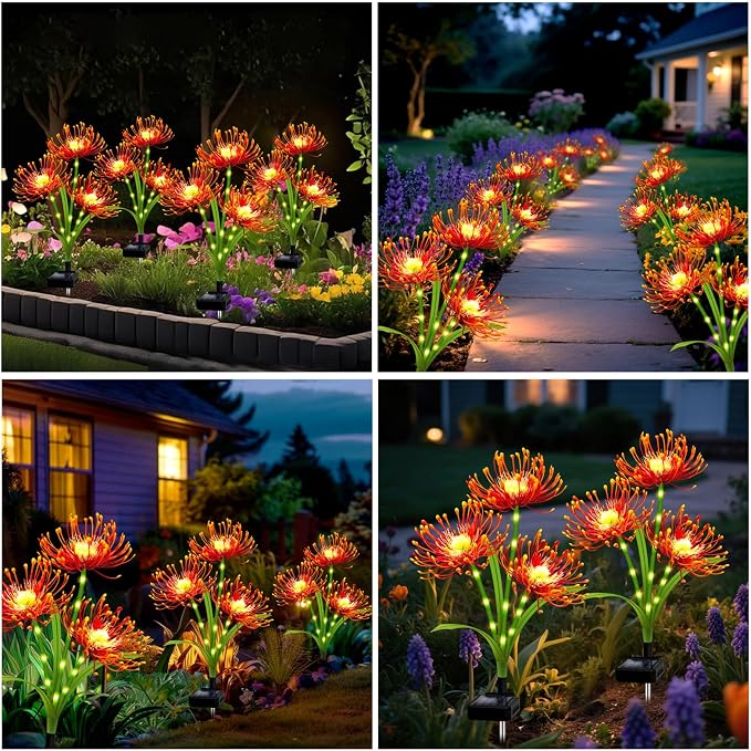 Solar Garden Flower Lights Outdoor,8 Pack Orange Spider Lily Lights with Glowing Stems,Waterproof Fall Decor Solar Yard Decor for Patio Lawn Pathway,Thanksgiving Garden Gifts for Women Mom Grandma