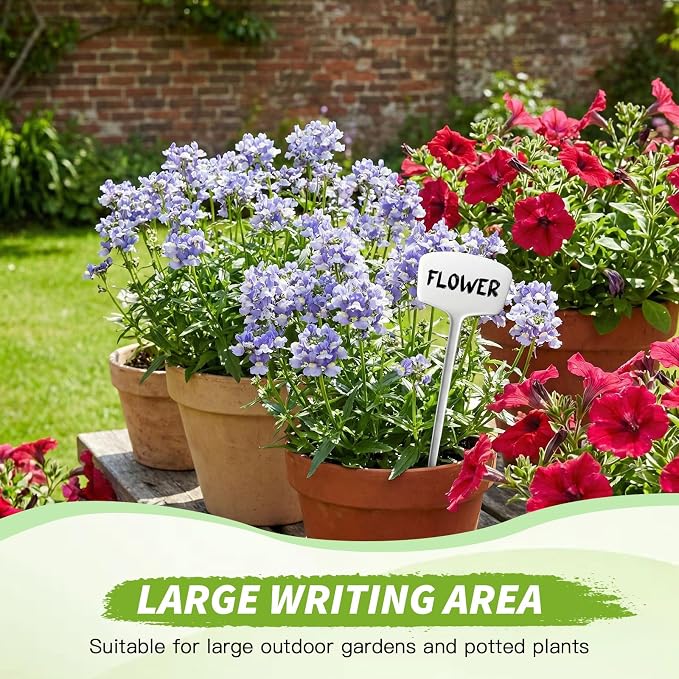 Weysat 100 Pack Outdoor Plant Markers 14.2 Inch Garden Labels with Pen Waterproof T Type Plastic Plant Tags Durable Nursery Garden Markers for Herbs Seed Pot Flowers Vegetable