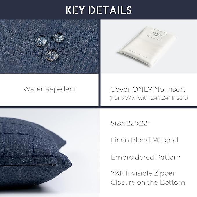 Crumbs Home Coastal Linen Indoor Outdoor Throw Pillow Cover Only, 22"x22" Water Repellent for Patio, Backyard, Couch, Dark Navy Plaid