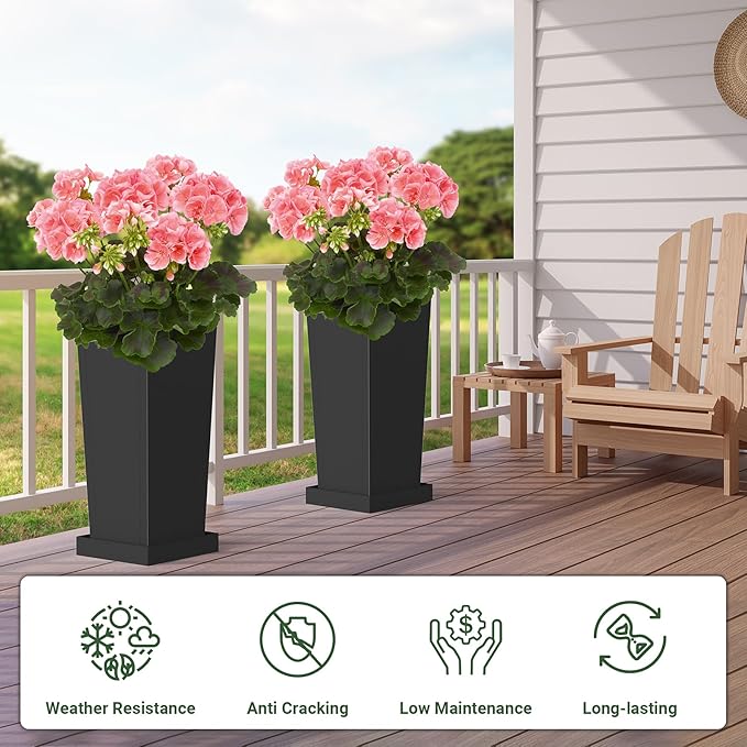 Metal Tall Outdoor Planters Set of 2, 26 inch Durable Tall Planters with Rust-Proof Coating & Drainage Insert Shelve & Trays, Black Outdoor Planters for Porch, Garden, Patio, Yard