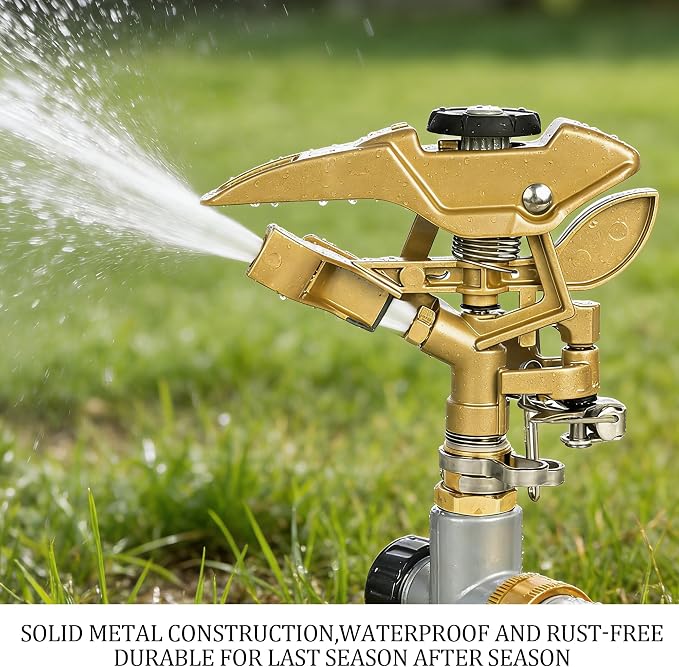 LIULO TOOL 2 Pack Impact Sprinkler for Yard, Heavy Duty Zinc Alloy Sprinkler Head on Metal Step Spike, Adjustable 360 Degree Water Sprinklers Large Area for Irrigation Patio Lawn Garden