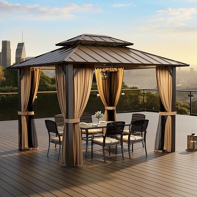 PAMAPIC 10x12FT Hardtop Gazebo,Galvanized Steel Double Roof Gazebo,Outdoor Permanent Pavilion with Breathable Netting & Privacy Curtain for Patio,Backyard,Deck,Lawn,Brown