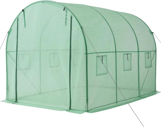 VEVOR Walk-in Tunnel Greenhouse, 10 x 7 x 7 ft Hoop House Greenhouse Tunnel with Watering System, Plant Hot House with Steel Frame, PE Cover, Roll-Up Zipper Door and 6 Windows for Outdoors, Green