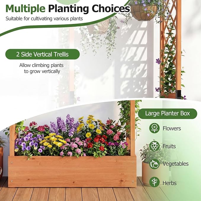 HAPPYGRILL 89" Raised Garden Bed with Trellis & Hanging Roof, Wooden Planter Box with 4 Drainage Holes, Outdoor Wood Elevated Garden Bed for Climbing Plants Vines Vegetables Flowers (Orange,1)