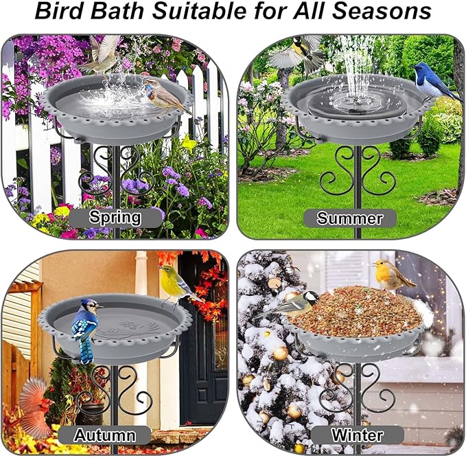 Bird Bath for Outside,Vintage Freestanding Birdbath & Birdfeeder, 40In Bird Baths Feeder with Detachable Plastic Bowl for Garden Patio Yard Lawn Decor, Upgraded 5-Pronged Base (Grey)
