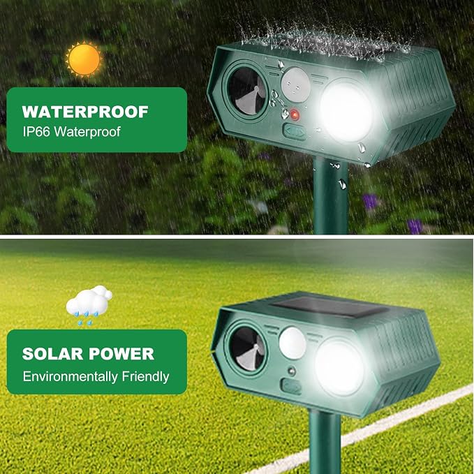 2025 Solar Animal Repellent,Upgraded Ultrasonic Cat Repellent Outdoor,Waterproof Deer Deterrent for Bird Dog Skunk,Squirrels Deterrent with Motion Detection Flash Lights for House B (2 Pack)