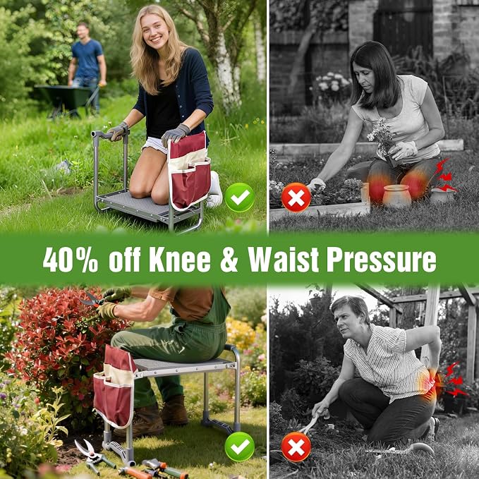 Garden Kneeler and Seat, 2 in 1 Foldable Garden Stool, Portable Gardening Seat with Thick Soft Pad & Tool Bag, Supports Up to 400lbs