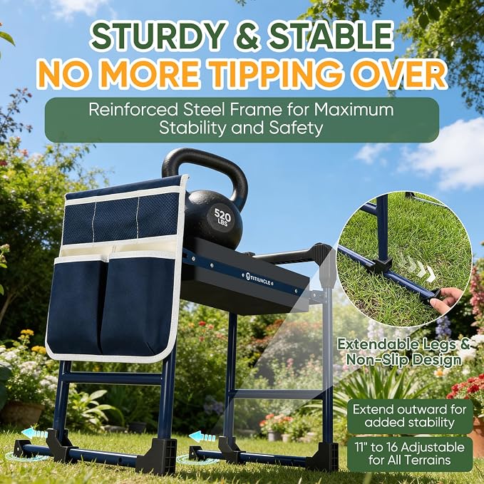 Garden Kneeler and Seat, Heavy Duty Anti-Tip Foldable Gardening Stool Bench Kneeler with Widened Thicken Kneeling Pad & Tool Bag, Gardening Gifts for Seniors, Gardeners, Women, Men, Fathers
